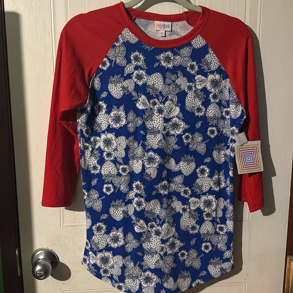 Lularoe Randy top for Women size XS blue and red strawberry print
